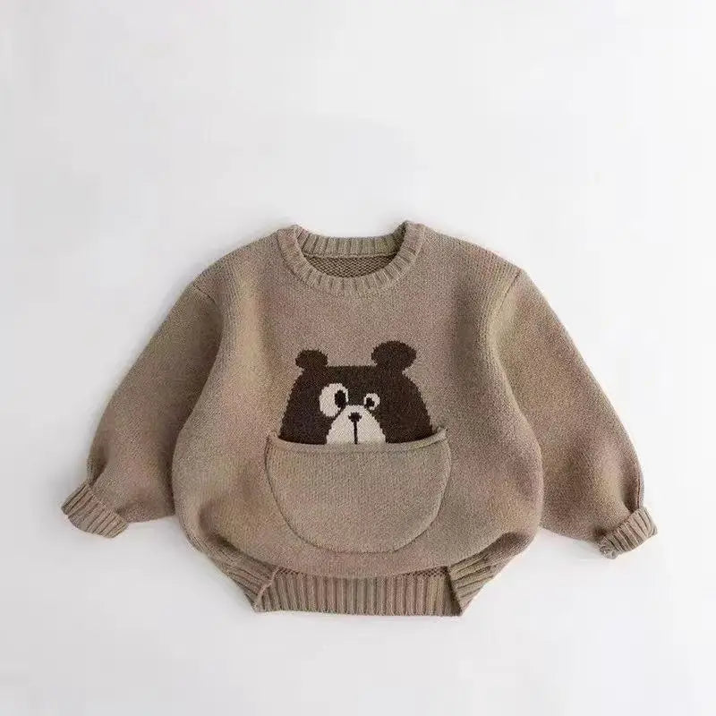 Children's Pocket Cartoon Pullover Knitted Sweater For Boys And Girls