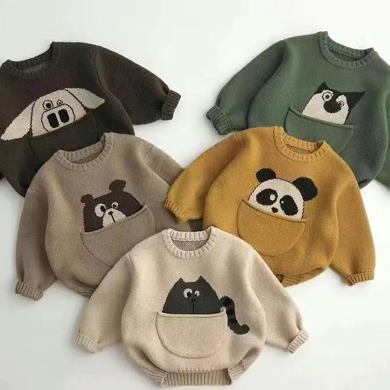 Children's Pocket Cartoon Pullover Knitted Sweater For Boys And Girls