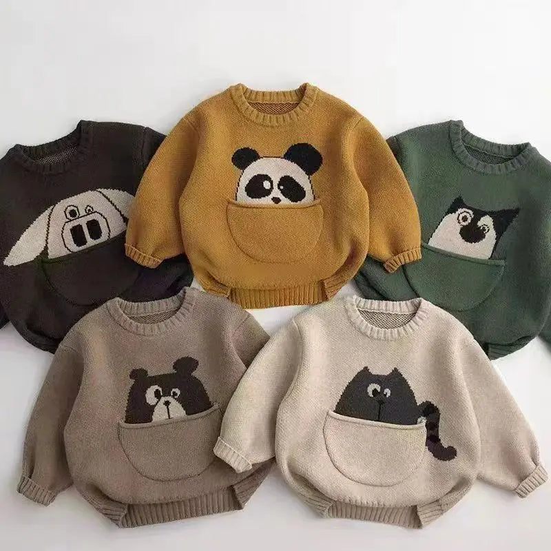 Children's Pocket Cartoon Pullover Knitted Sweater For Boys And Girls