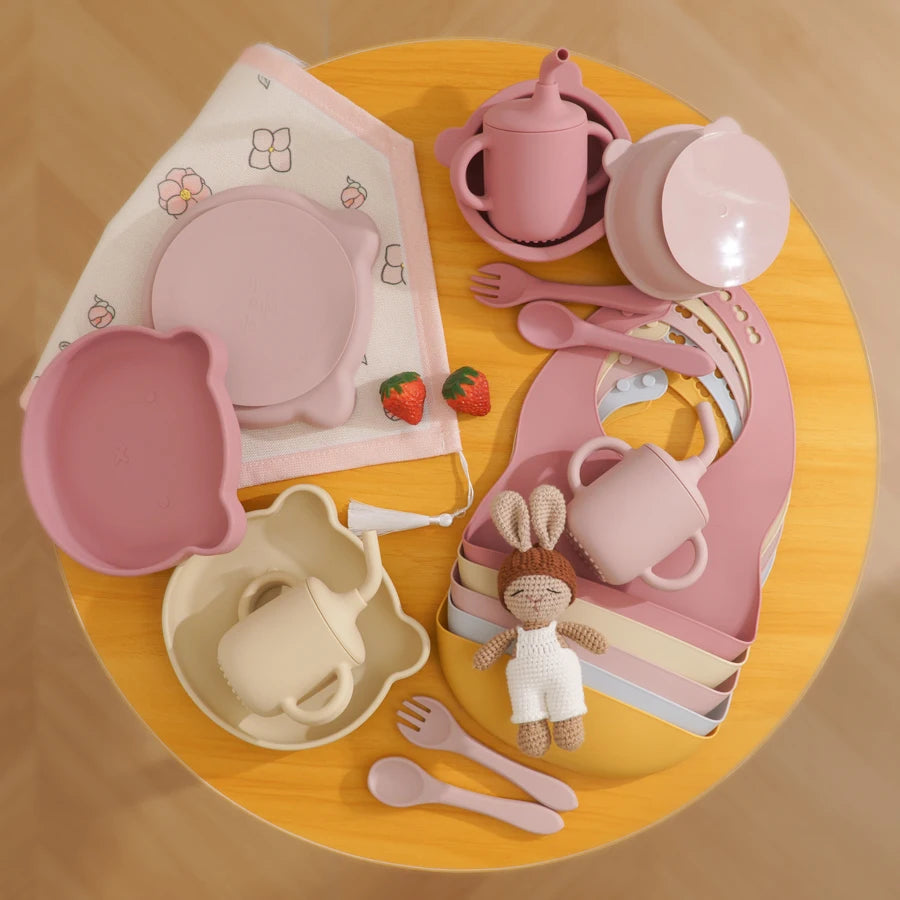 Silicone Baby Feeding Set with Bib, Bowl, Plate, Portable Cup & Utensils