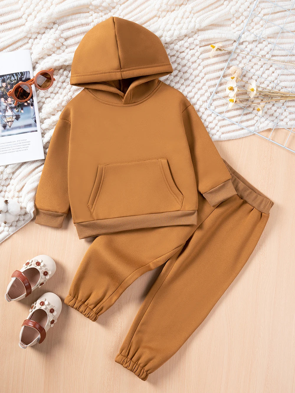 Solid Hooded Sweatshirt & Pants Set