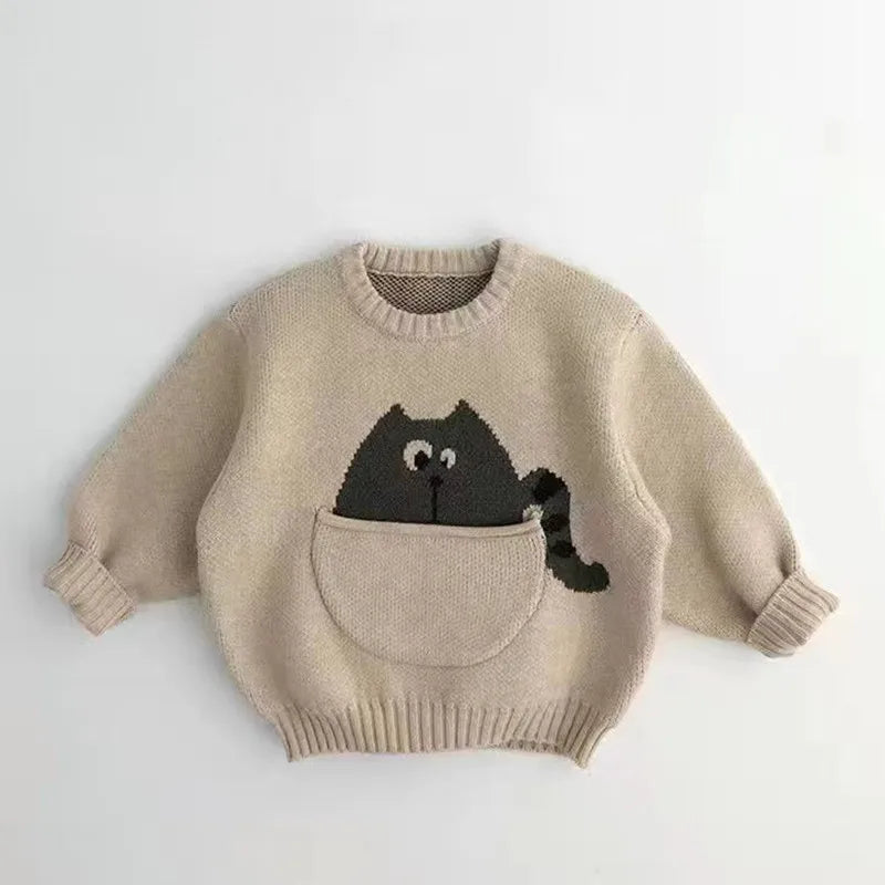 Children's Pocket Cartoon Pullover Knitted Sweater For Boys And Girls