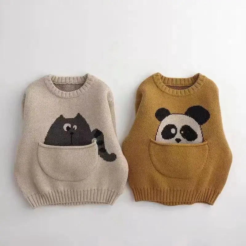 Children's Pocket Cartoon Pullover Knitted Sweater For Boys And Girls