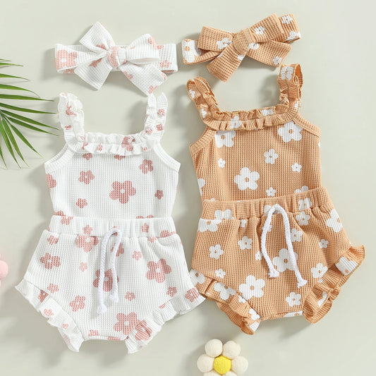 3Pcs Floral Sleeveless Strap Romper + Shorts + Headband Set 0-18M