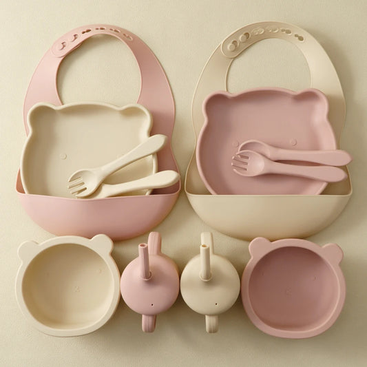 Silicone Baby Feeding Set with Bib, Bowl, Plate, Portable Cup & Utensils